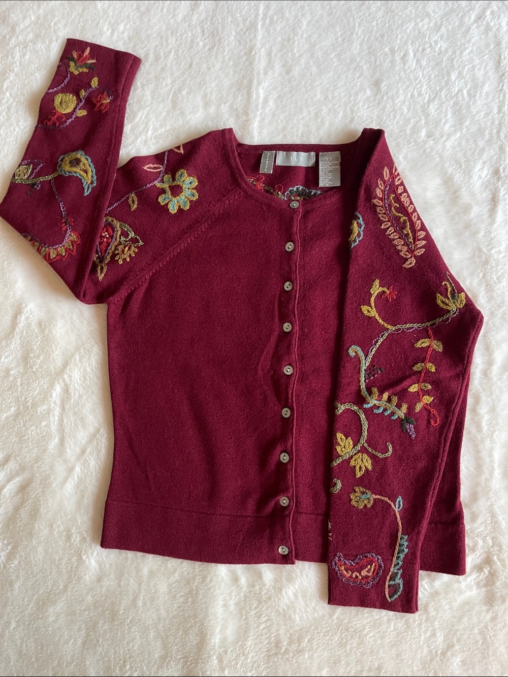 Ivy   Womens/Tween Burgundy Embroidered Boho cardigan   SZ S